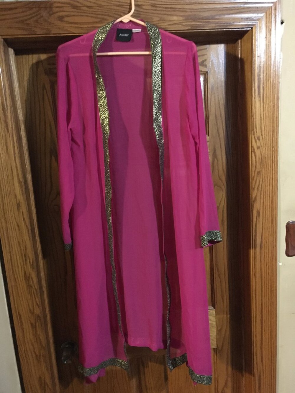 ASHRO ROBE/KIMONO SEE THROUGH LONG SLEEVE FUCHSIA PINK BLACK & GOLD TRIM MEDIUM